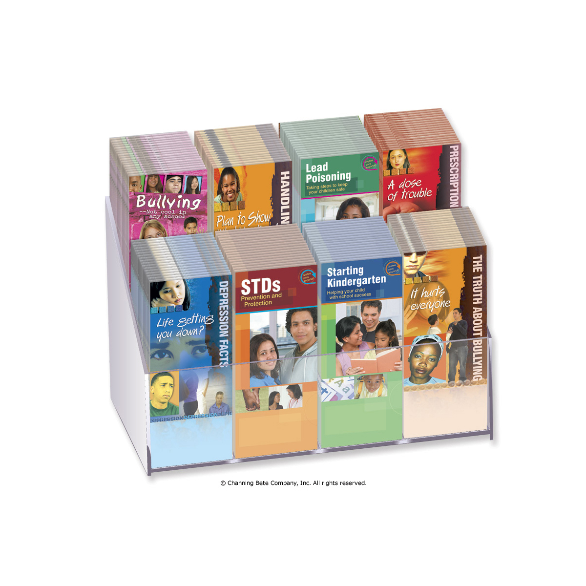 Green background Rotate simultaneous Acrylic; 2-Tier, 8-Title Pamphlet Display Rack With Dividers - Channing Bete